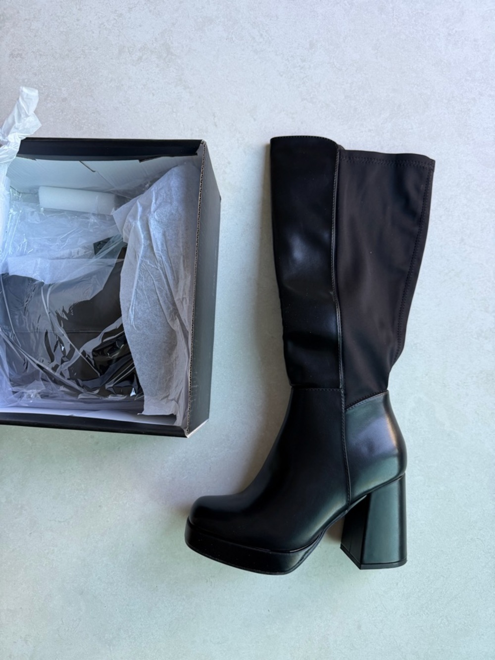 Fashion Nova Black Platform Knee-High Block Heel Boots